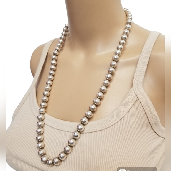 VINTAGE SOLID STERLING SILVER BEADED LONG STATEMENT NECKLACE - Picture 2 of 5